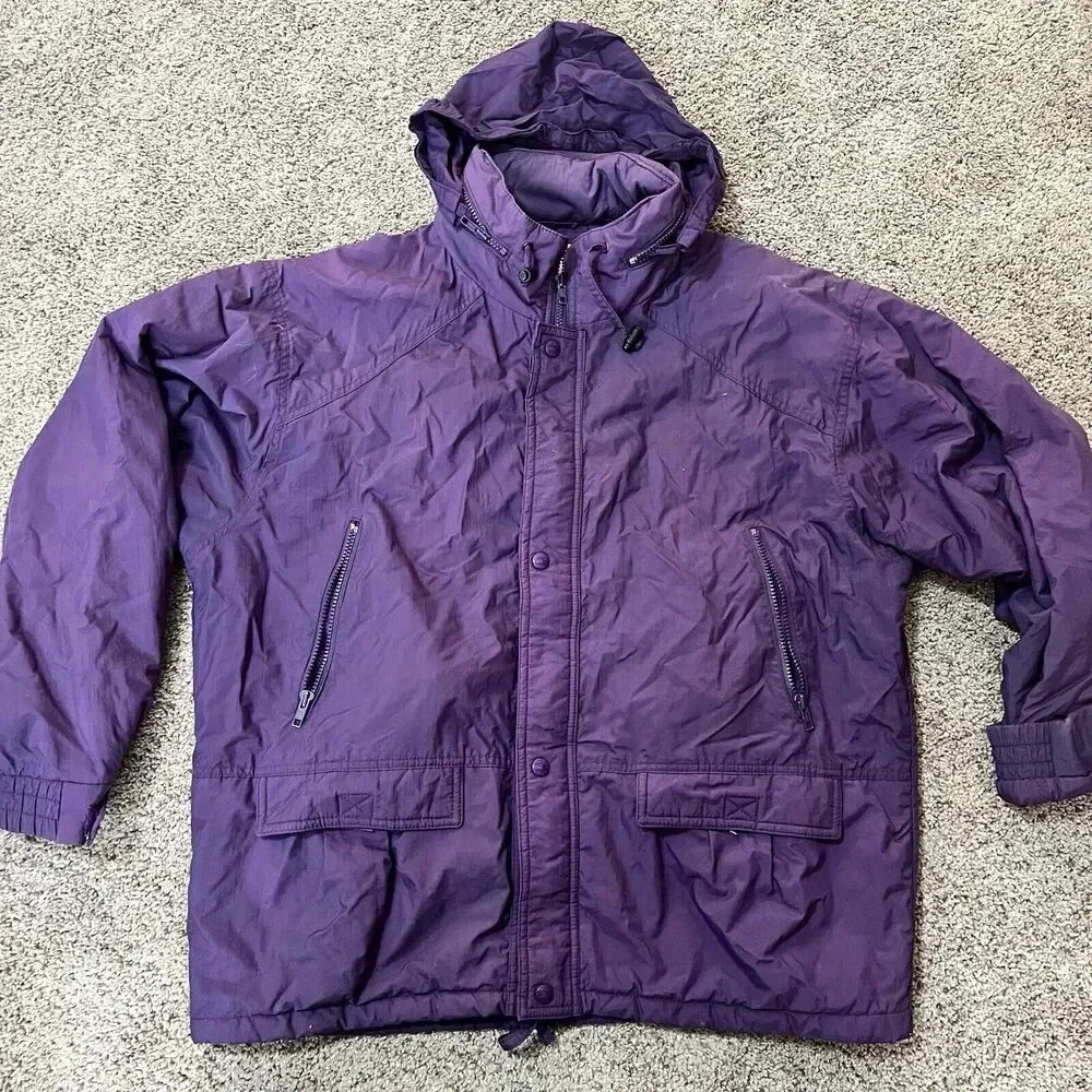Vintage L.L. Bean Soft Shell Puffer Jacket Womens Purple Down Removable Hood L
